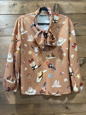Western Motif Tie Front Blouse in Camel
